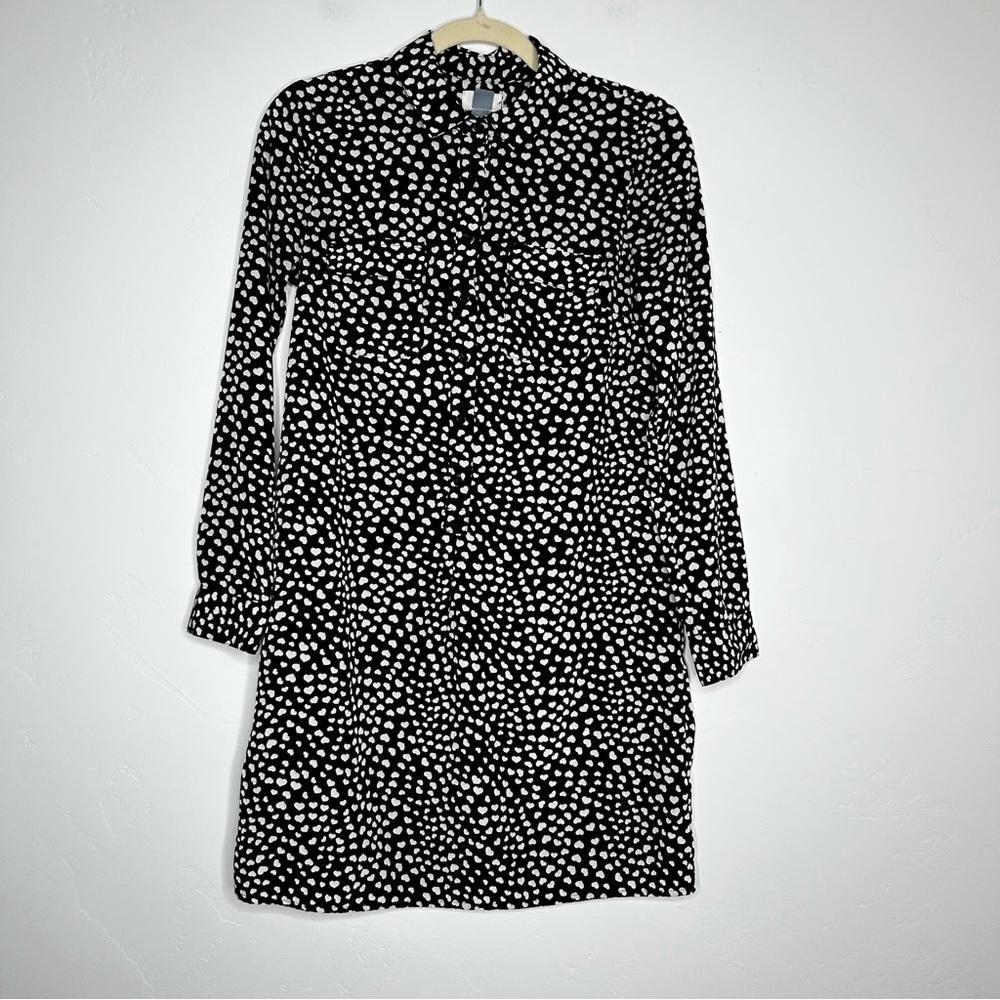 Old‎ Navy Black White Ditzy Heart Print Long Sleeve Collared Dress Size XS